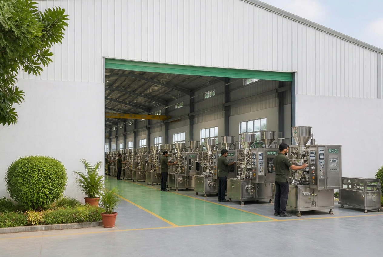 Space Packaging Solution manufacturing unit in Old Faridabad with pouch packing machines on the assembly floor