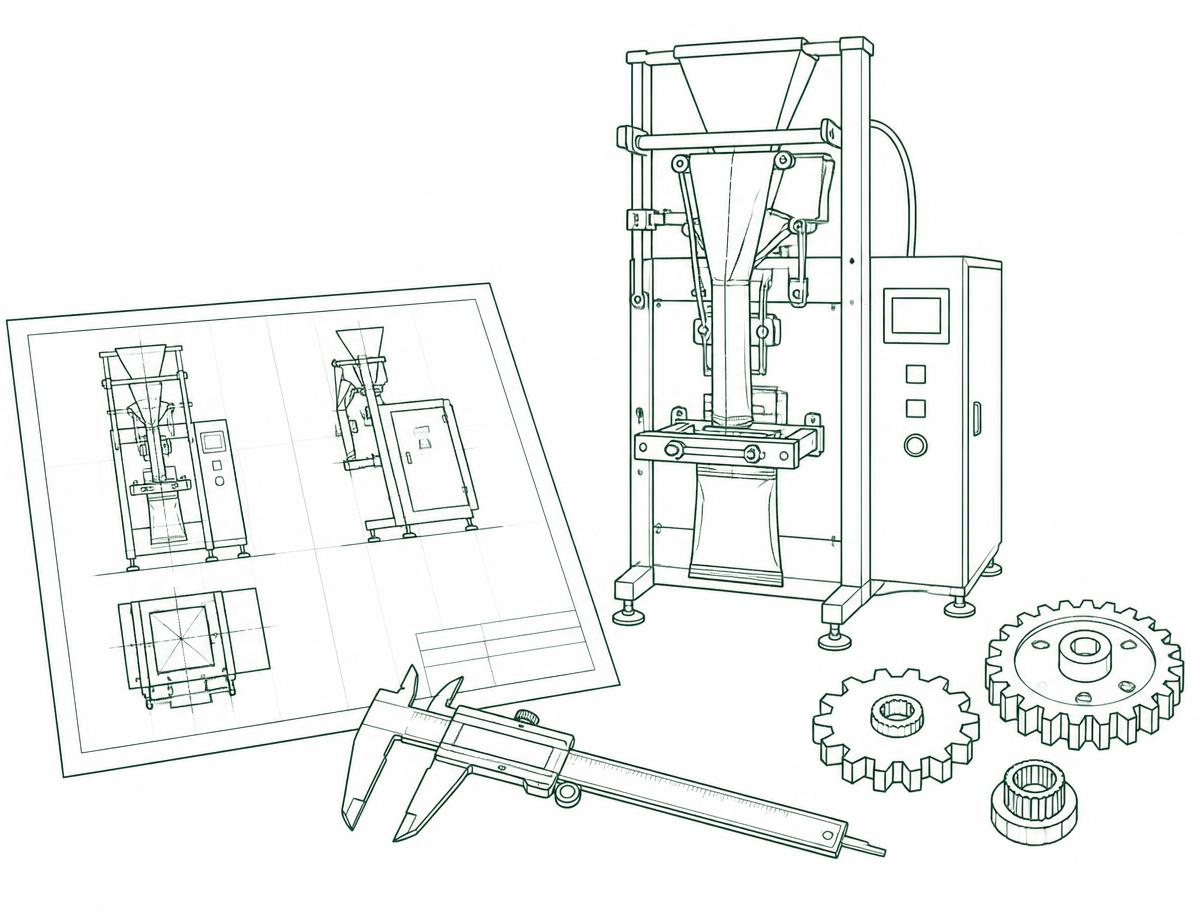 Line illustration of a vertical form fill seal machine, blueprint, calipers and gears