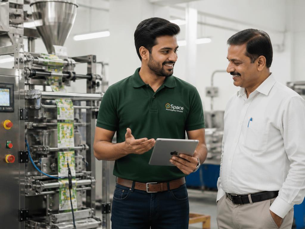 Space Packaging Solution representative discussing custom machine requirements with a customer