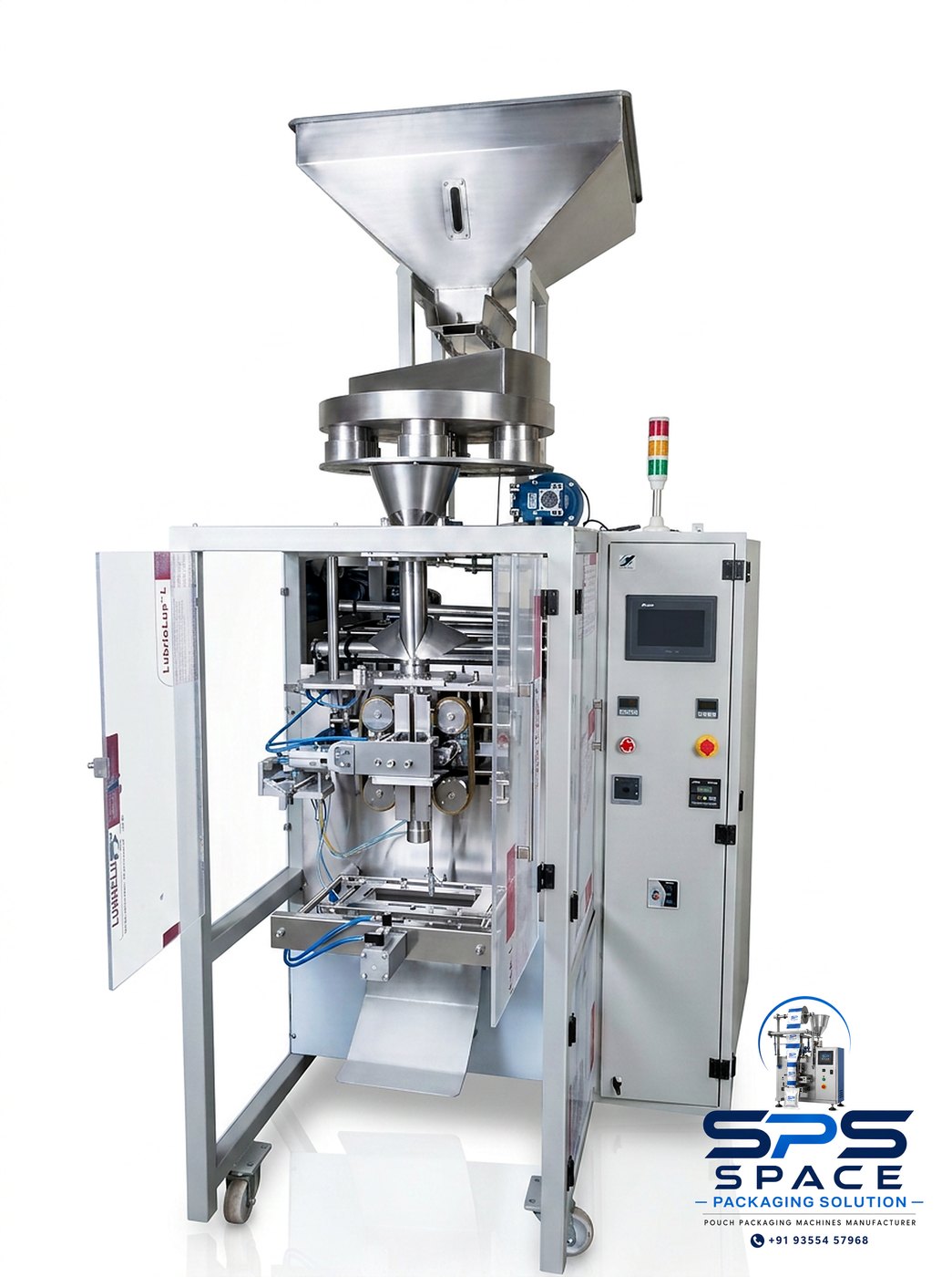 VFFS Machine with Open Access Doors manufactured by Space Packaging Solutions, Faridabad