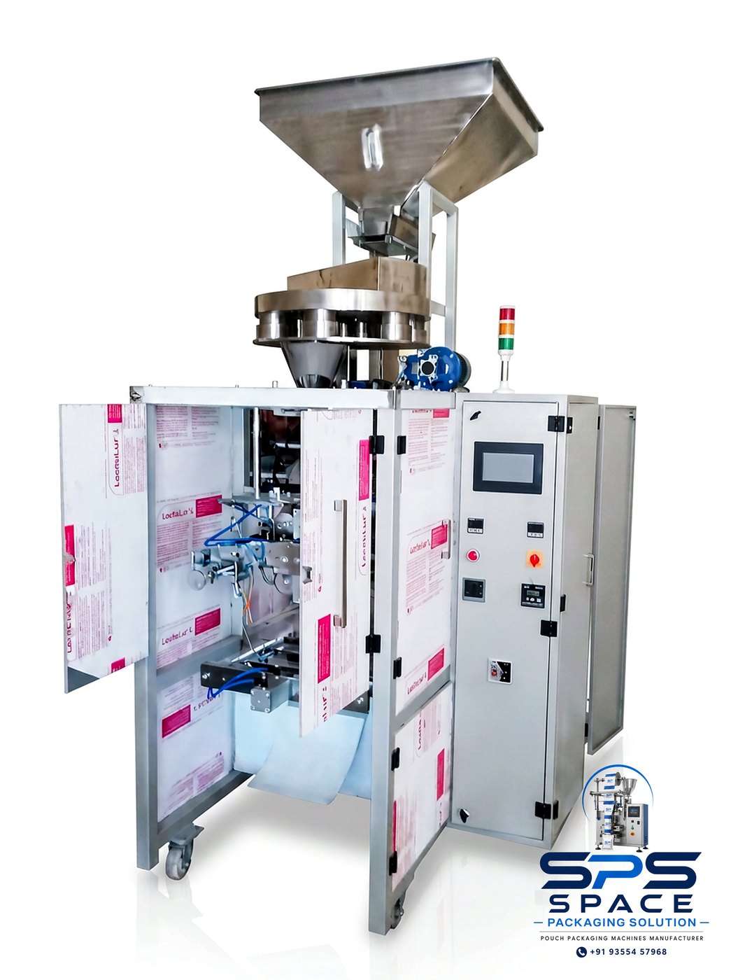 Collar Type VFFS with Control Cabinet manufactured by Space Packaging Solutions, Faridabad